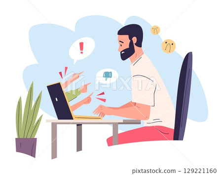 Cyberbullying. Cyber bullying, online hate social media violence bully sad man victim at computer laptop digital stress cyberbully depression abuse bad messages vector illustration 129221160