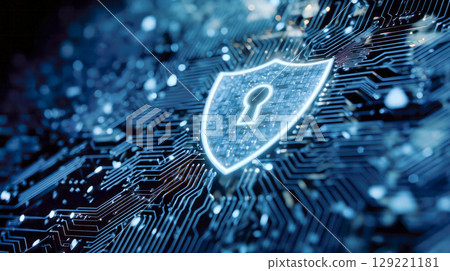 Digital shield with padlock icon at center, representing cyber protection and security in a futuristic technology environment with intricate circuit patterns 129221181