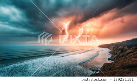 Dramatic seascape with vibrant sunset and lightning striking over ocean waves, showcasing the power of nature and atmospheric beauty 129221191