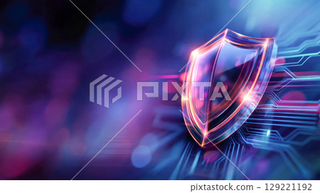 Digital shield symbolizing cybersecurity protection with vibrant colors and abstract technology background, representing safety and security in the digital realm 129221192