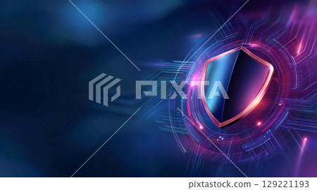 Digital shield illustration with glowing circuit patterns, representing cybersecurity and protection in a modern technological environment 129221193