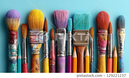 Colorful collection of used paint brushes and pencils on blue background with copy space, creativity background for artists and art studio Colorful collection of used paint brushes and pencils on blue background with copy space, creativity background for artists and art studio 129221237