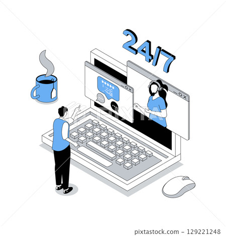 Customer support 3d isometric concept with isometry people design for web. Client chatting with operator, talking with consultant by video call, solving problems and getting help. Vector illustration 129221248
