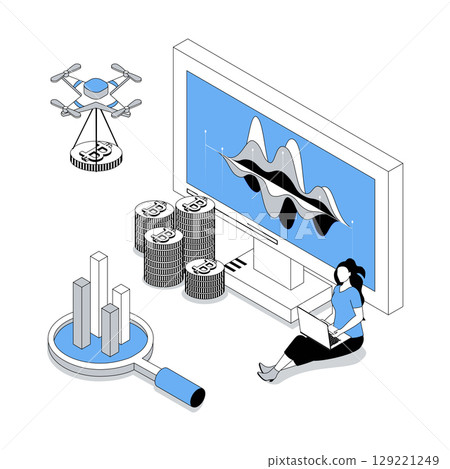 Cryptocurrency 3d isometric concept with isometry people design for web. Woman making analyzing data charts, investments at crypto market, increasing financial income online. Vector illustration 129221249