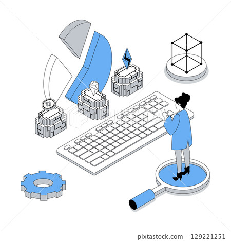 Cryptocurrency 3d isometric concept with isometry people design for web. Woman making investments at crypto market, trading digital money at virtual platform, doing transactions. Vector illustration 129221251