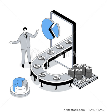 Cryptocurrency 3d isometric concept with isometry people design for web. Man trading digital money at virtual platform, buying at crypto market, mining coins at conveyor line. Vector illustration 129221252