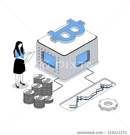 Cryptocurrency 3d isometric concept with isometry people design for web. Woman trading digital money at virtual platform and crypto market, mining coins with blockchain technology. Vector illustration 129221253