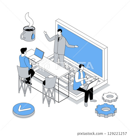 Coworking 3d isometric concept with isometry people design for web. Business team work together, discussing project and brainstorming at meeting, conversation during coffee break. Vector illustration 129221257