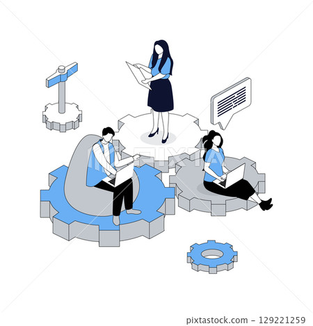 Coworking 3d isometric concept with isometry people design for web. Employees work at laptops in office, discussing project at meeting, freelance team collaboration at workplace. Vector illustration 129221259