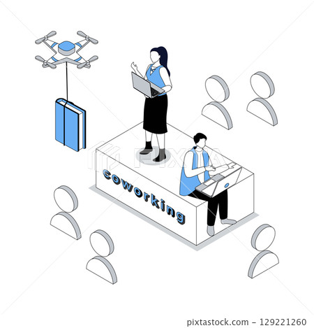 Coworking 3d isometric concept with isometry people design for web. Employees working at laptops in open office, cooperation and collaboration in group, professional networking. Vector illustration 129221260