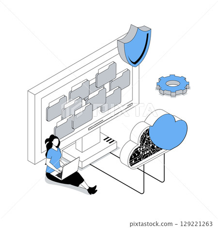 Cloud storage 3d isometric concept with isometry people design for web. Woman uploading or downloading files, managing digital library infrastructure with shield protections. Vector illustration 129221263