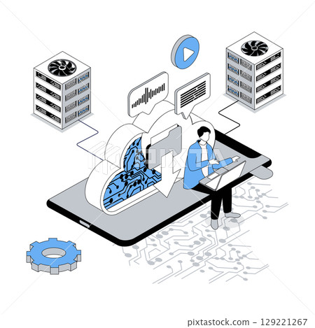 Cloud storage 3d isometric concept with isometry people design for web. User uploading and downloading data, making backup online, processing with datacente, computing at laptop. Vector illustration Cloud storage 3d isometric concept with isometry people design for web. User uploading and downloading data, making backup online, processing with datacente, computing at laptop. Vector illustration 129221267