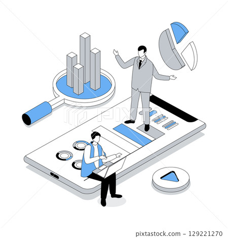 Business training 3d isometric concept with isometry people design for web. Businessman conference with coaching session, consulting strategy, analyzing data and development. Vector illustration 129221270