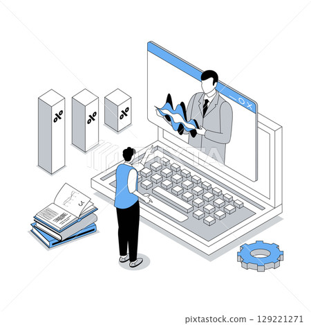 Business training 3d isometric concept with isometry people design for web. Businessman watching professional video seminar, coach teaching and consulting, team developing project. Vector illustration 129221271