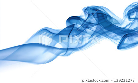 Blue smoke trails swirling gracefully on clean white background creating abstract shapes and fluid motion 129221272
