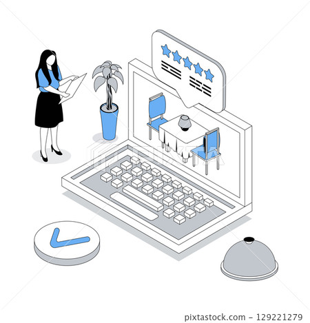 Booking 3d isometric concept with isometry people design for web. User making reservation of table at restaurant for romantic dinner, searching best waiter rating and ordering. Vector illustration 129221279