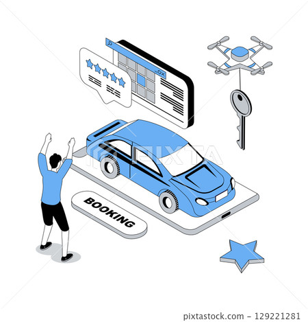 Booking 3d isometric concept with isometry people design for web. Passenger using mobile app for taxi order, choosing best feedback rating and date, getting cab transportation. Vector illustration 129221281