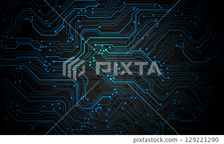 Abstract blue circuit board technology connected lines electronics elements computer motherboard chip processor semiconductor digital on black background vector 129221290