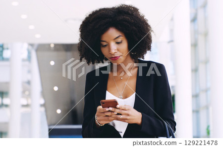 News, spam and phone with business woman and typing for report, regulations and social network problem. Communication, contact and email with black woman texting on mobile for glitch and review 129221478
