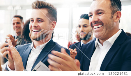 Group, business people and applause at conference, happy or listen for marketing strategy, seminar and meeting. Team, clapping or smile for teamwork, collaboration for company or training for project 129221481