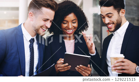 Business group, tablet and happy for communication, funny email or social media in office, together or laugh. Finance workers, comic meme or crazy comedy on web app with happiness, workplace or lunch 129221515