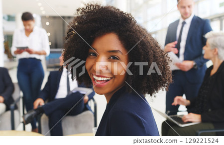 Black woman, portrait and happy in business meeting, collaboration or ideas in office. Company goals or mission planning strategy of corporate worker with teamwork or employee workflow management Black woman, portrait and happy in business meeting, collaboration or ideas in office. Company goals or mission planning strategy of corporate worker with teamwork or employee workflow management 129221524