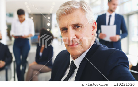 Senior businessman, portrait smile and corporate manager ready or preparation for team conference at office. Elderly CEO man smiling in waiting room for business meeting, seminar or executive plan Senior businessman, portrait smile and corporate manager ready or preparation for team conference at office. Elderly CEO man smiling in waiting room for business meeting, seminar or executive plan 129221526