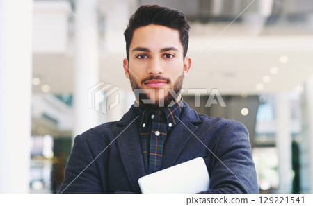 Businessman, portrait smile and tablet for corporate mission, vision or career ambition at the workplace. Confident employee CEO man smiling in design for business success, startup or successful job 129221541