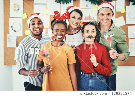 Group of business people, christmas portrait and celebrate festive together in interracial compamy office. Diversity, christmas party and small business team or smile for comic holiday celebration 129221574