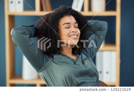 Peace, relax and black woman in office happy taking.break from attorney work for mental health. Calm, health and wellness of lawyer in workplace with joyful smile stretching and resting mind. Peace, relax and black woman in office happy taking.break from attorney work for mental health. Calm, health and wellness of lawyer in workplace with joyful smile stretching and resting mind. 129221629