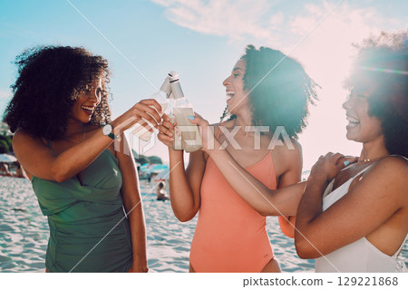 Summer, women and friends beach toast with happy smile for cheers, holiday and fun together. Travel, black people and drink celebration for friendship vacation getaway in Los Angeles, USA. 129221868