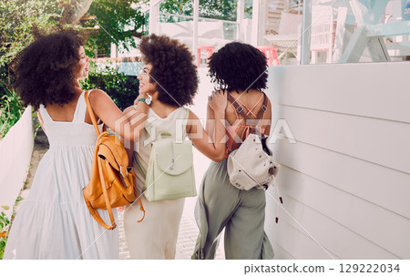 Friends group, black woman and travel with backpack while walking, talking and city adventure together. Happy women, walk and conversation on urban vacation, holiday and backpacking in Istanbul metro Friends group, black woman and travel with backpack while walking, talking and city adventure together. Happy women, walk and conversation on urban vacation, holiday and backpacking in Istanbul metro 129222034