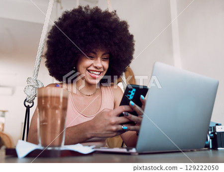 Black woman, phone and smile for good news, social media or reading email in remote work at home. African American female smiling and enjoying communication texting with technology in networking Black woman, phone and smile for good news, social media or reading email in remote work at home. African American female smiling and enjoying communication texting with technology in networking 129222050