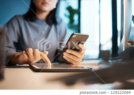 Night, woman hands and smartphone, tablet and planning in dark office desk, startup or company. Closeup businesswoman with phone, digital app and cloud computing, working late with website connection Night, woman hands and smartphone, tablet and planning in dark office desk, startup or company. Closeup businesswoman with phone, digital app and cloud computing, working late with website connection 129222084