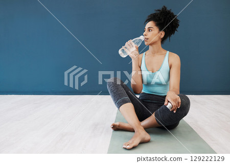 Tired, fitness or woman drinking water in gym for fitness training, workout exercise or health. Athlete, yoga or relax girl with water bottle for sport hydration, mockup or rest energy in studio Tired, fitness or woman drinking water in gym for fitness training, workout exercise or health. Athlete, yoga or relax girl with water bottle for sport hydration, mockup or rest energy in studio 129222129