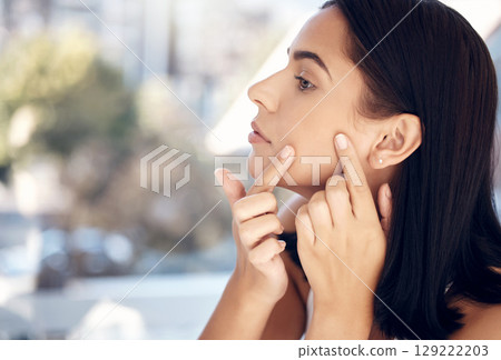 Woman skincare, pimple or check acne, face for facial scar for wellness, self care or healthcare treatment. Dermatology, cosmetology or aesthetic woman with skin health, problem or beauty in home 129222203