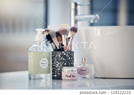 Bathroom product, beauty brush and makeup equipment morning routine, self care treatment or facial cleaning. Spa salon, dermatology and container of luxury skincare cosmetics for healthcare wellness Bathroom product, beauty brush and makeup equipment morning routine, self care treatment or facial cleaning. Spa salon, dermatology and container of luxury skincare cosmetics for healthcare wellness 129222210