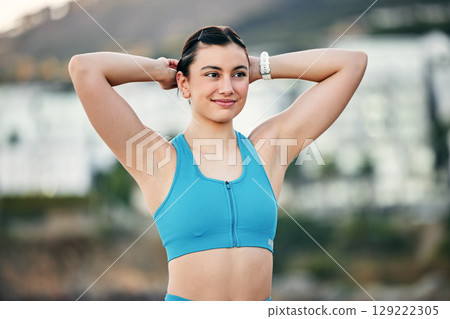 Fitness, exercise and woman stretching outdoor for running, workout and training warmup in nature with a smile, energy and happiness. Female athlete ready for cardio run for health and wellness 129222305