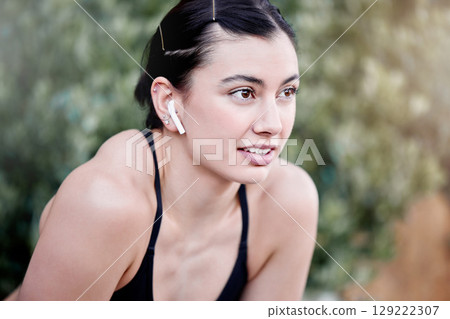 Fitness, podcast and woman in nature tired from running exercise, cardio workout or training for wellness. Runner, breathing or sports girl with fatigue relaxing or resting on break in park in Miami Fitness, podcast and woman in nature tired from running exercise, cardio workout or training for wellness. Runner, breathing or sports girl with fatigue relaxing or resting on break in park in Miami 129222307