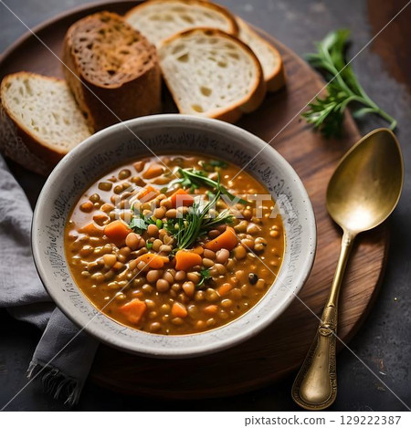 Warm Lentil Soup and Fresh Bread 129222387