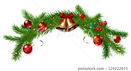 Festive Christmas garland made of pine branches, red ornaments and bells with bow. 129222631