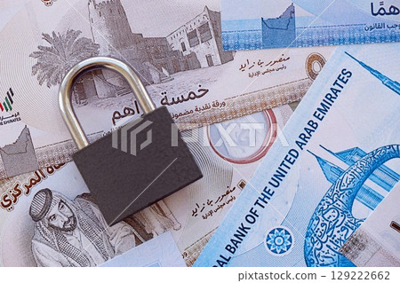 United Arab Emirates dirham currency money bills and padlock. The concept of sanctions and financial safety 129222662