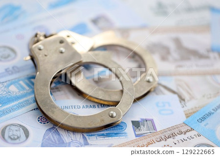 United Arab Emirates dirham currency money bills and handcuffs. The concept of criminal 129222665