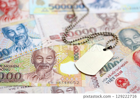 Vietnamese dong currency money bills and military token. The concept of army service 129222716
