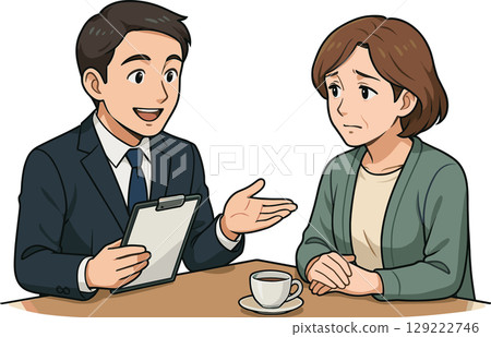 Illustration of a man in a suit and a housewife talking 129222746