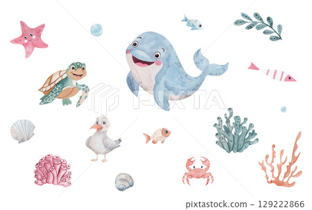 Watercolor set with sea creatures: blue whale, turtle, pink starfish, friendly seagull, sea crab. Illustrations for a child's room, marine theme, white background 129222866