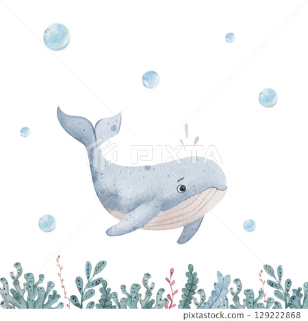Watercolor composition with a whale swimming in water, surrounded by various green algae and air and water bubbles. White background, marine theme, hand drawn 129222868