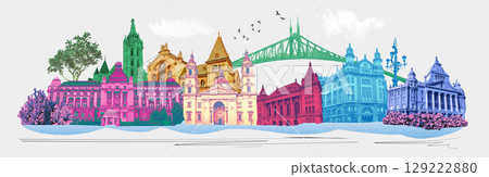Collage of photos of sights of Budapest, Hungary - art design 129222880