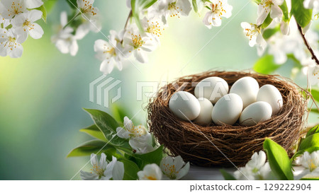 White eggs rest in a nest surrounded by blooming spring flowers 129222904