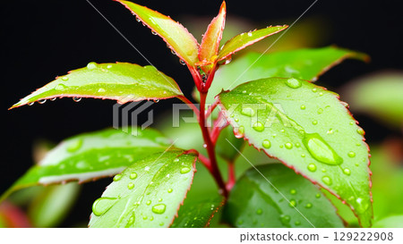 Vibrant green leaves adorned with sparkling dew drops Vibrant green leaves adorned with sparkling dew drops 129222908